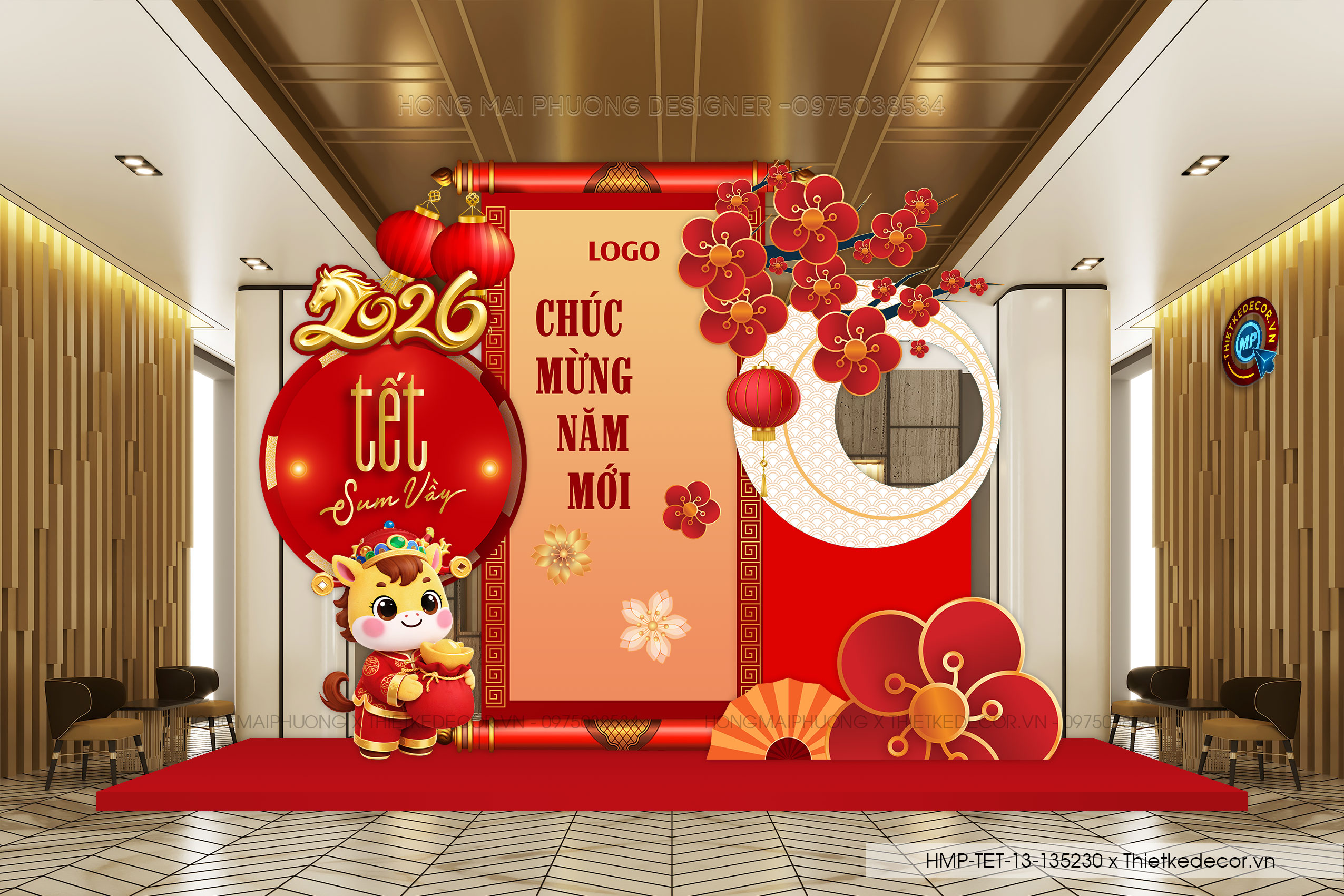 File thiết kế trang trí Tết 2026 Xuân Bính Ngọ. Backdrop checkin Tết